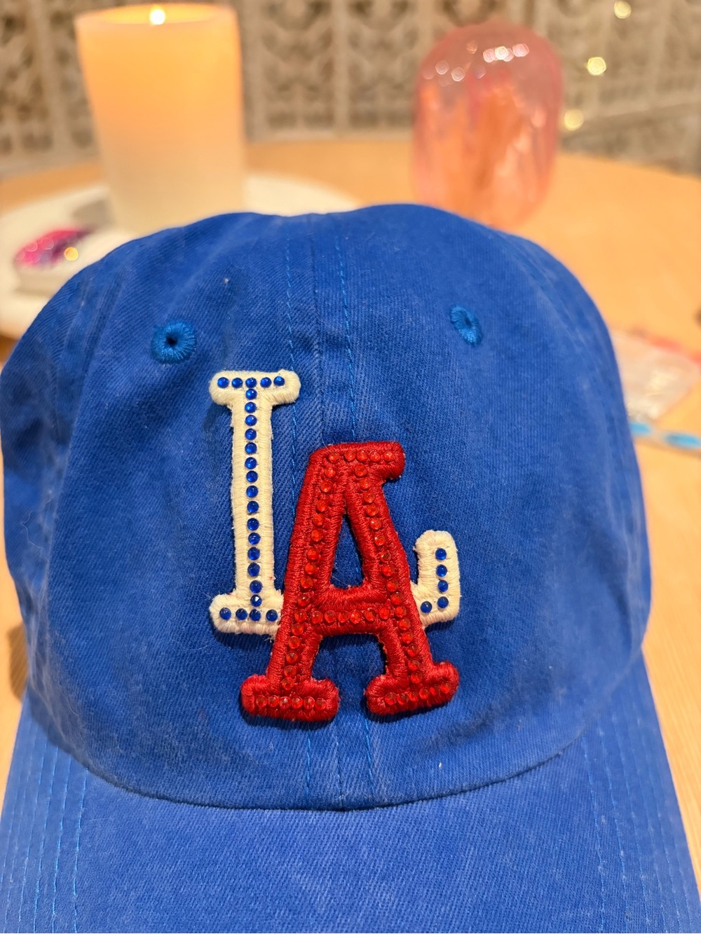 Blue LA Snapback Cap with Red & Cream Embroidered Letters & Rhinestones